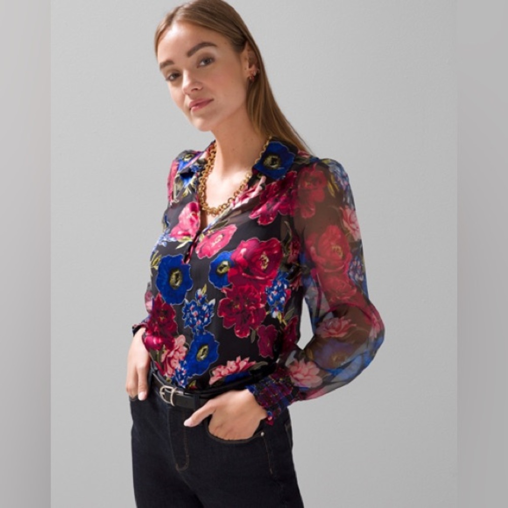 White House Black Market Organza Sleeve Burnout Blouse Vibrant Blue Sz L